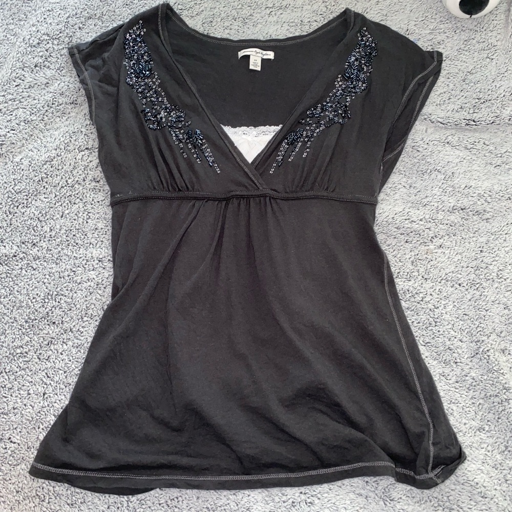 American eagle grey short sleeve beaded babydoll top (cami NOT included)